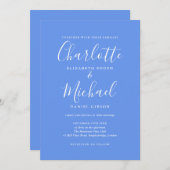 Cornflower Blauw Elegante Handtekening Script Trou Kaart (Voorkant / Achterkant)