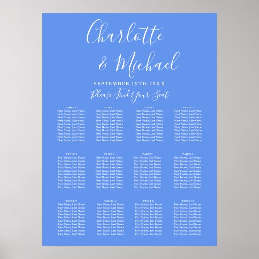Cornflower Blauw Moderne Wedding Zitting Grafiek Poster (Voorkant)
