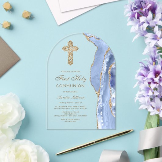 Cornflower Blue Agate First Communion Acryl Uitnodigingen (Insitu (Huwelijk))