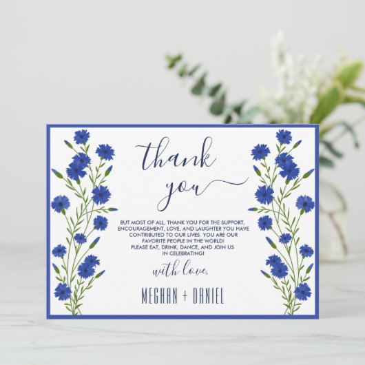 Cornflower Blue Botanical Wedding Bedankt Kaart (Staand voorkant)