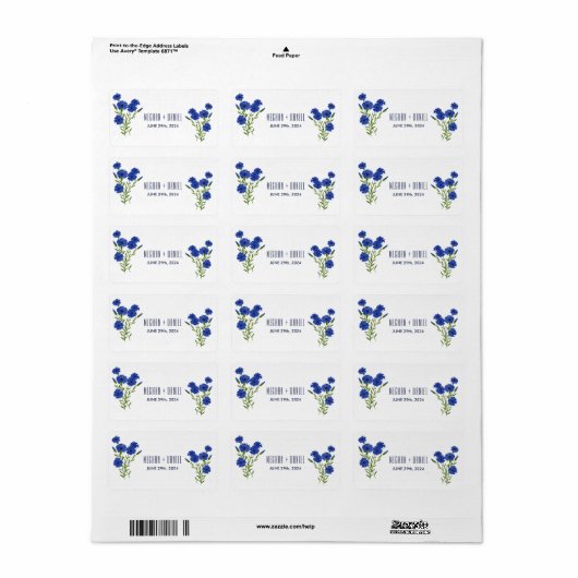 Cornflower Blue Botanical Wedding Etiket (Full Sheet)