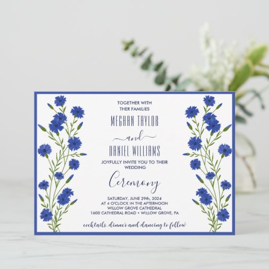 Cornflower Blue Botanical Wedding Kaart (Staand voorkant)