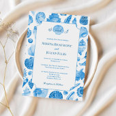 Cornflower Blue Coastal Seashell Wedding Kaart