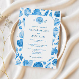 Cornflower Blue Coastal Seashell Wedding Kaart