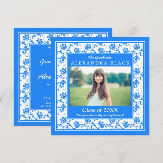 Cornflower Blue Damask Floral Foto Afstuderen Kaart (Voorkant / Achterkant)
