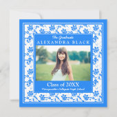 Cornflower Blue Damask Floral Foto Afstuderen Kaart (Voorkant)