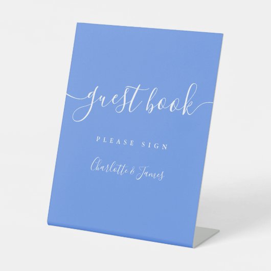 Cornflower Blue Elegant Modern Script Gastboek Reclamebord Met Voetstuk (Voorkant)