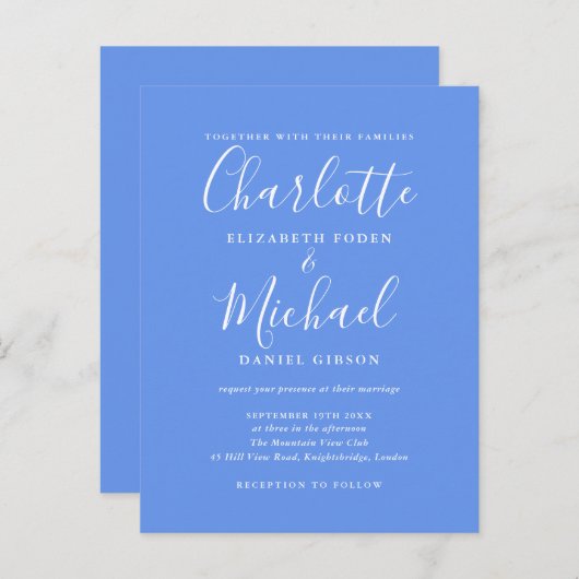Cornflower Blue Elegant Modern Script Wedding Uitnodiging Briefkaart (Voorkant / Achterkant)