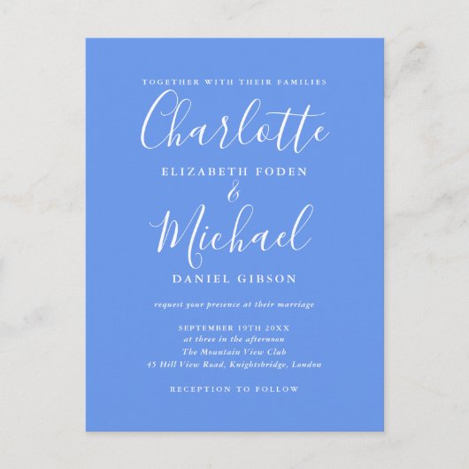 Cornflower Blue Elegant Modern Script Wedding Uitnodiging Briefkaart (Voorkant)