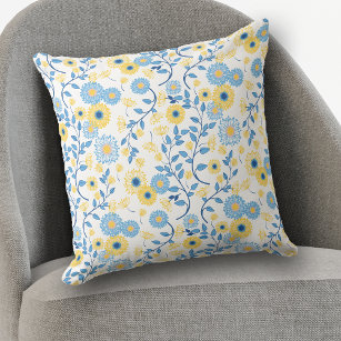 Cornflower Blue en geel Floral Pattern Kussen