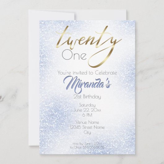Cornflower Blue Glitter en Gold 21st Kaart (Voorkant)