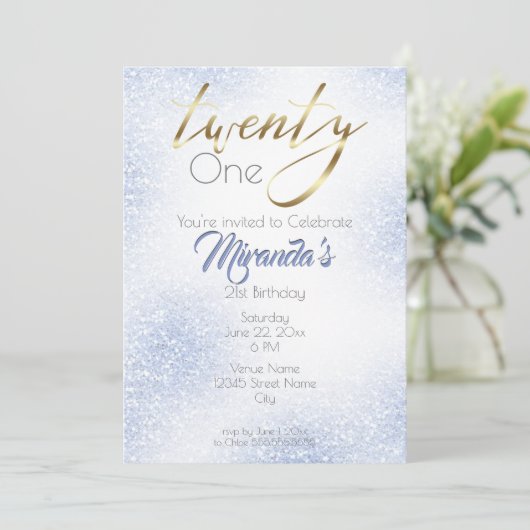 Cornflower Blue Glitter en Gold 21st Kaart (Staand voorkant)