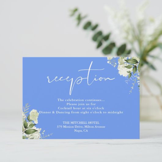 Cornflower Blue Greenery Script Huwelijksreceptie Informatiekaartje (Staand voorkant)