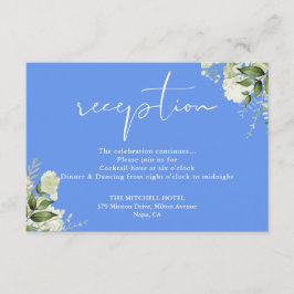 Cornflower Blue Greenery Script Huwelijksreceptie Informatiekaartje