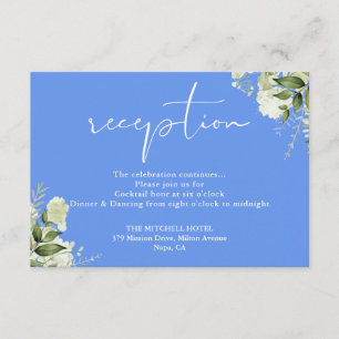 Cornflower Blue Greenery Script Huwelijksreceptie Informatiekaartje