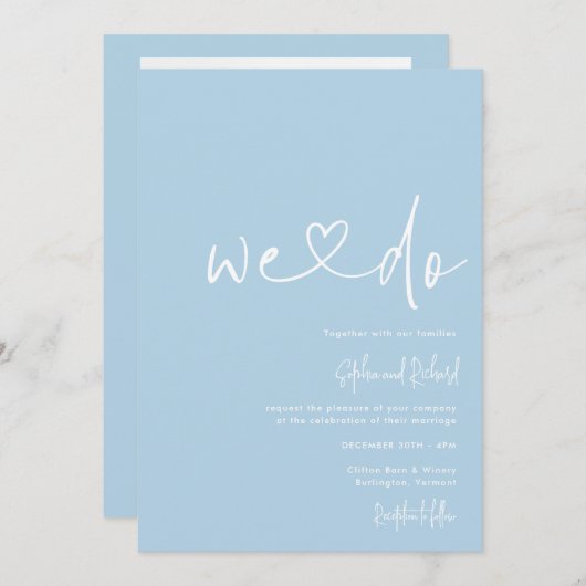 Cornflower Blue Minimalist Script Modern Wedding Kaart (Voorkant / Achterkant)