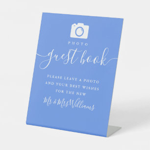 Cornflower Blue Modern Script Foto Gastboek Reclamebord Met Voetstuk