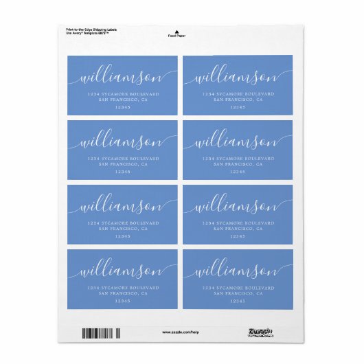 Cornflower Blue Modern Script Retouradres Etiket (Full Sheet)