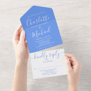 Cornflower Blue Modern Signature Script Wedding All In One Uitnodiging