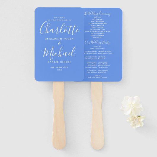 Cornflower Blue Signature Script Wedding Program Handwaaier (Voorkant en achterkant)