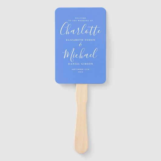 Cornflower Blue Signature Script Wedding Program Handwaaier (Voorkant)