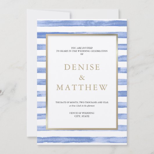 Cornflower Blue Waterverf Stripe & Gold Lettering Kaart (Voorkant)