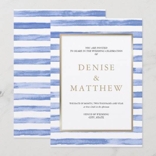 Cornflower Blue Waterverf Stripe & Gold Lettering Kaart (Voorkant / Achterkant)