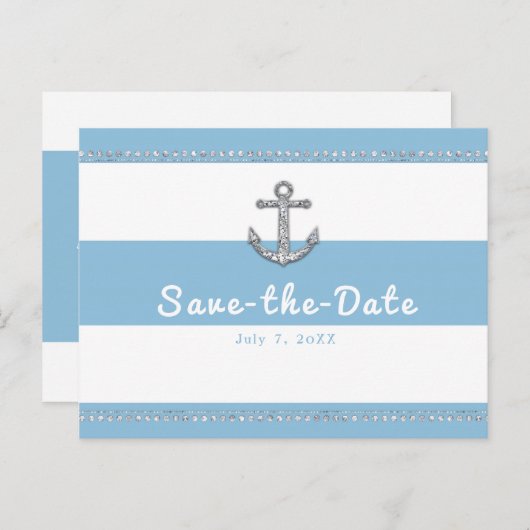 Cornflower Blue & White Stripes Diamond Anchor Aankondigingskaart (Voorkant / Achterkant)