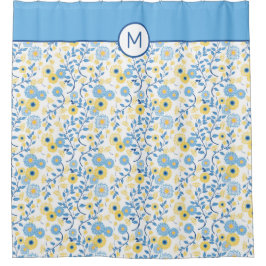 Cornflower Blue Yellow Floral Monogram Douchegordijn