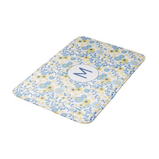 Cornflower Blue Yellow Floral Pattern Monogram Badmat (Gekanteld)
