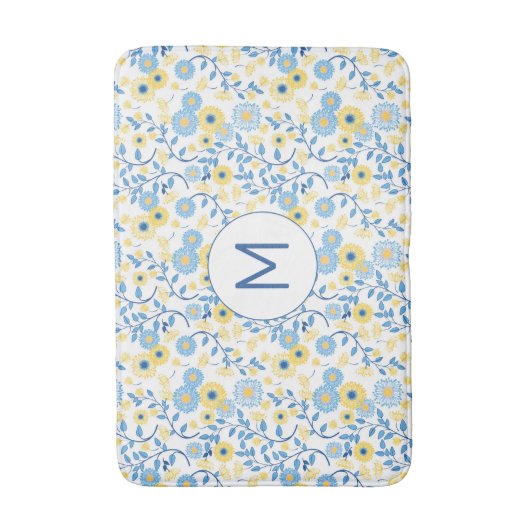 Cornflower Blue Yellow Floral Pattern Monogram Badmat (Voorkant Verticaal)