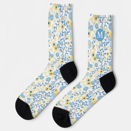 Cornflower Blue Yellow Floral Pattern Monogram Sokken (Links)