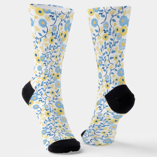 Cornflower Blue Yellow Floral Pattern Monogram Sokken (Gebogen)