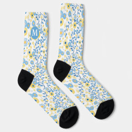 Cornflower Blue Yellow Floral Pattern Monogram Sokken
