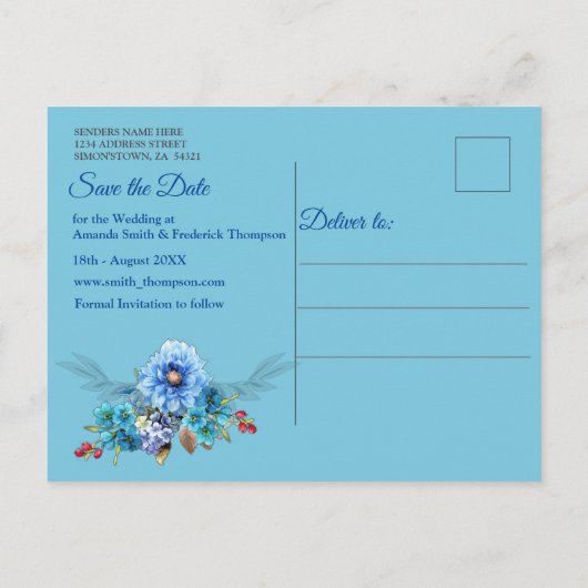 Cornflower Blues in Waterverf Save the Dates Aankondigingskaart (Achterkant)