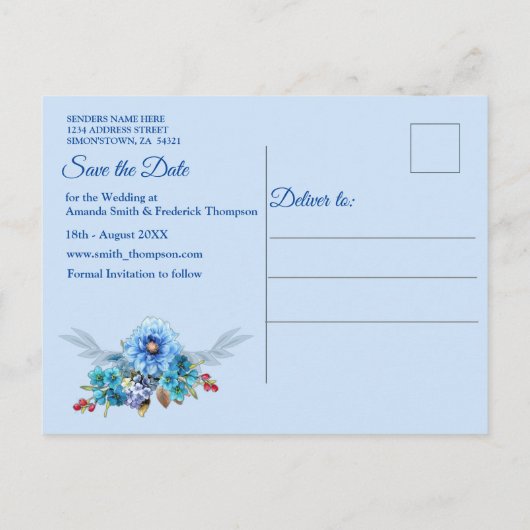 Cornflower Blues in Waterverf Sparen de datum Aankondigingskaart (Achterkant)