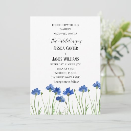 Cornflowers Wildflowers Waterverf Floral Wedding Kaart (Staand voorkant)