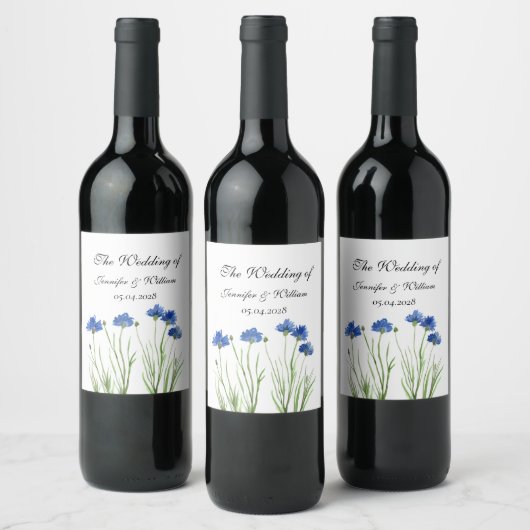 Cornflowers Wildflowers Waterverf Wedding Wijn Etiket (Flessen)