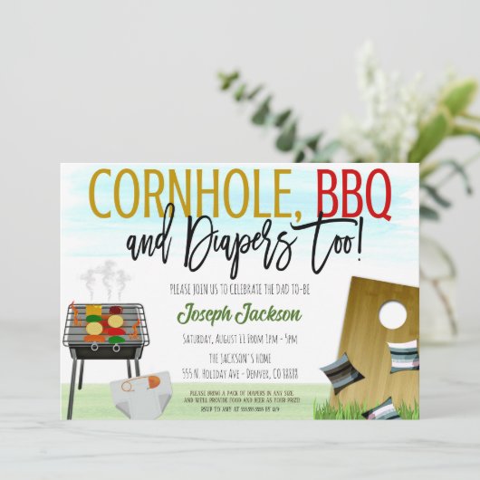 Cornhole en BBQ Baby shower Invitation Kaart (Staand voorkant)