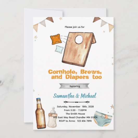 Cornhole en bier baby shower uitnodiging (Voorkant)