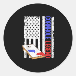 Cornhole Speler Mannen Amerikaanse Vlag Cornhole Ronde Sticker