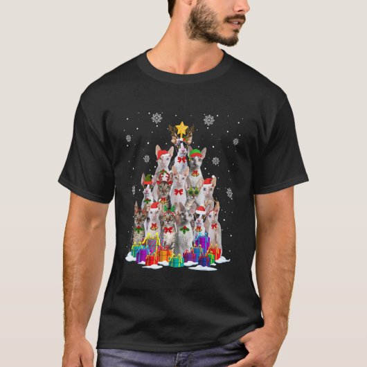 Cornish Rex Kat Kerstboom Kat Liefhebber Xmas Sant T-shirt (Voorkant)