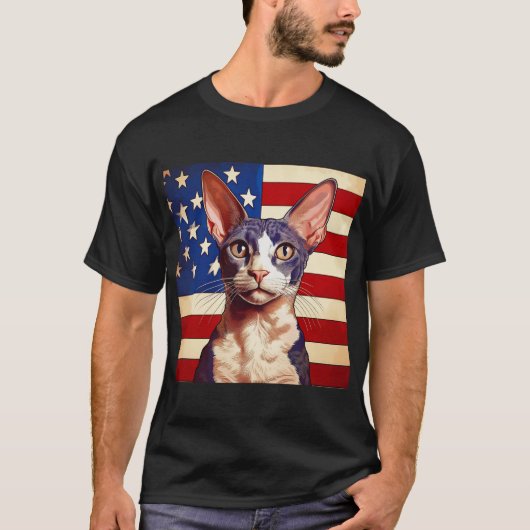 Cornish Rex kat voor de Amerikaanse vlag T-shirt (Voorkant)