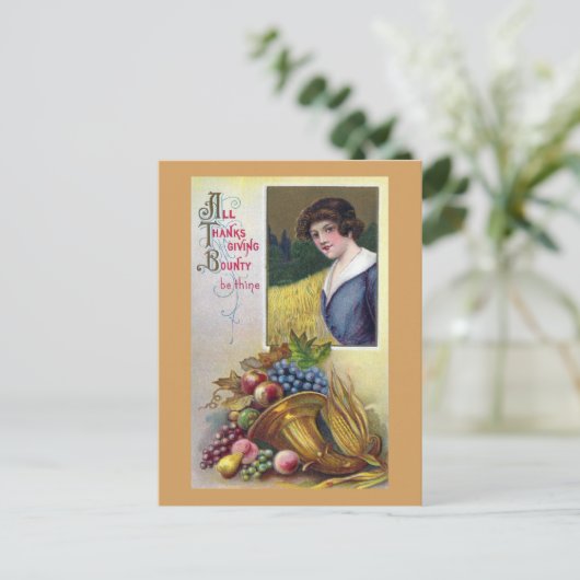 Cornucopia, druiven en Lady  Thanksgiving Feestdagenkaart (Staand voorkant)