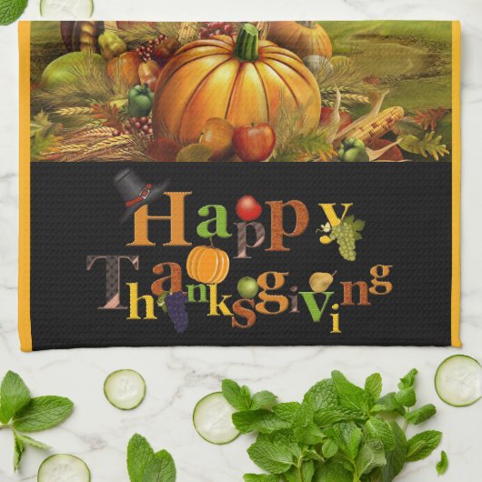 Cornucopia Happy Thanksgiving Text Kitchen Towel Theedoek (Gevouwen)