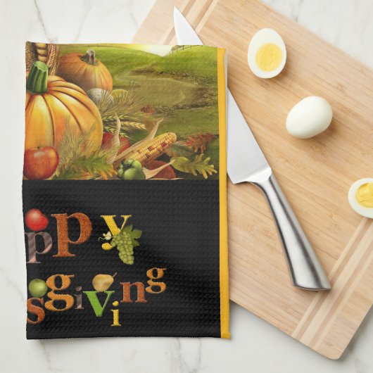 Cornucopia Happy Thanksgiving Text Kitchen Towel Theedoek (Quarter Fold)