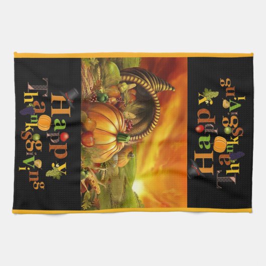 Cornucopia Happy Thanksgiving Text Kitchen Towel Theedoek (Horizontaal)