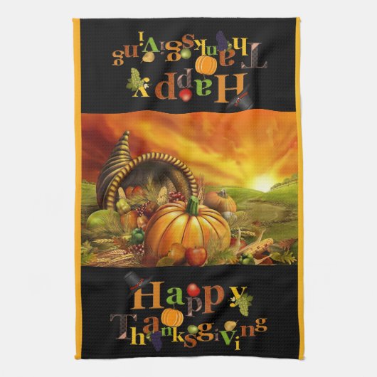Cornucopia Happy Thanksgiving Text Kitchen Towel Theedoek (Verticaal)