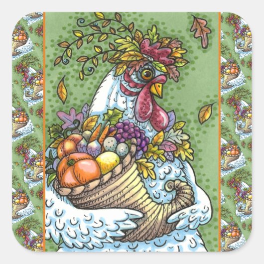 CORNUCOPIA HEN, THANKSGIVING CHICKEN HARVEST VIERKANTE STICKER (Voorkant)