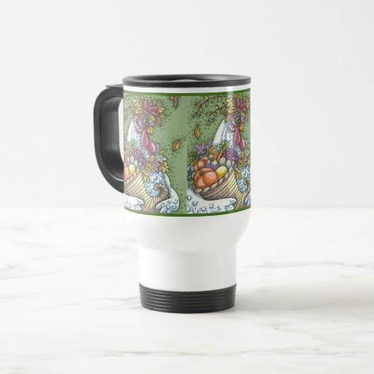 CORNUCOPIA HEN, THANKSGIVING CHICKEN TRAVEL MUG REISBEKER (Voorkant links)